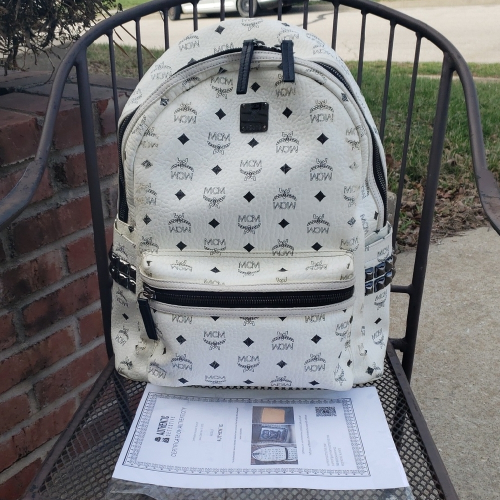MCM Unisex Visetos Stark Studded Backpack White Black Monogram Luxury